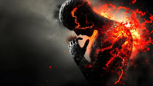 Fiery silhouette pauses in quiet thought amid erupting flame