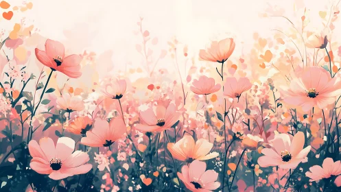 Ethereal Cosmos Field: Translucent Pink Dahlias Against Luminous Gradient