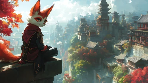 Fox warrior sits above dense autumn city of pagodas