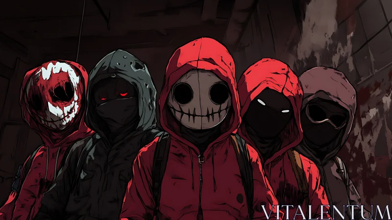 Hooded mischief crew in a dark, haunted urban hallway.