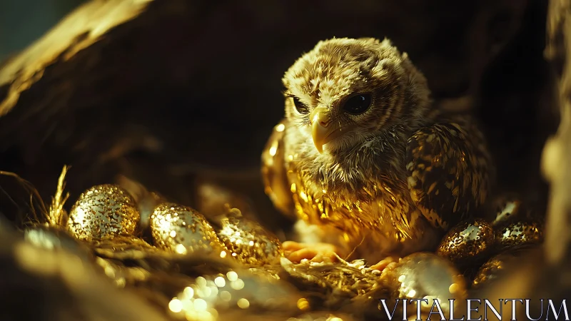 Baby owl in golden nest with sparkling eggs, fantasy lighting.