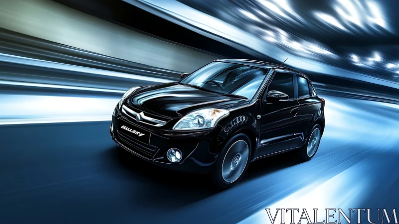 Black compact car rendered in motion within light tunnel.