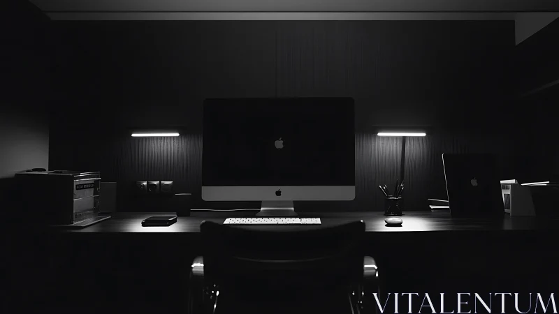 Minimalist dark workstation with Apple desktop computer.