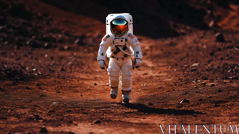 Astronaut strides across sunlit Martian dust plain alone.