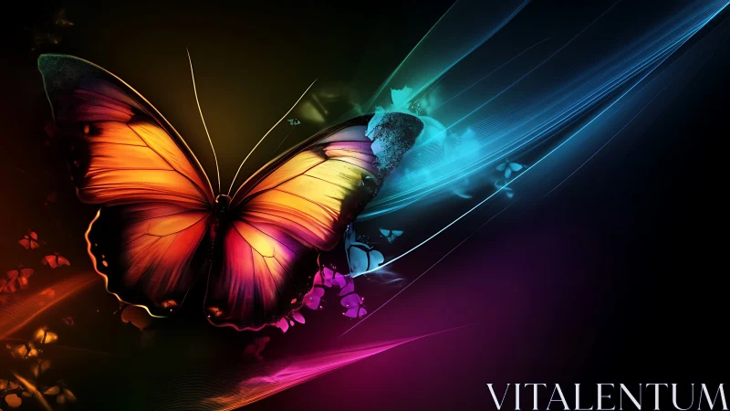 Butterfly with neon gradient wings against dark abstract background