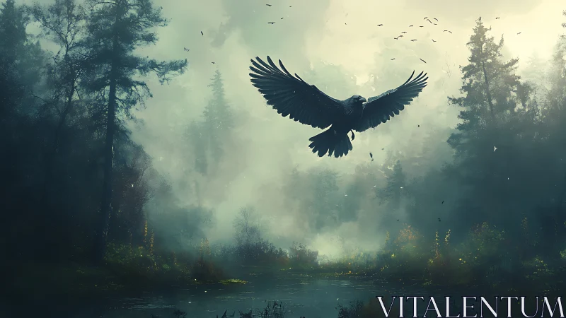 Midnight raven ascends above mist-drowned forest pond.