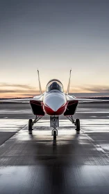Symmetric frontal study of advanced twin-tail jet on wet tarmac.