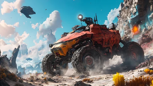 Armored exoplanet rover traversing eroded canyon basin.