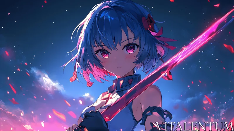 Blue-haired anime swordswoman under glowing twilight sky.