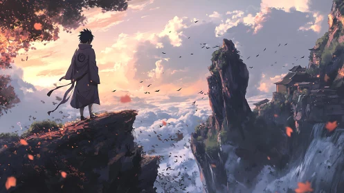 Rogue wanderer overlooking ethereal mountain temple valley.