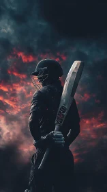 Storm-lit cricket warrior waits beneath burning twilight sky.