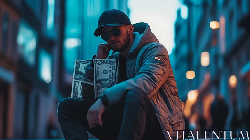 Urban street portrait isolates subject with cyan-orange bokeh