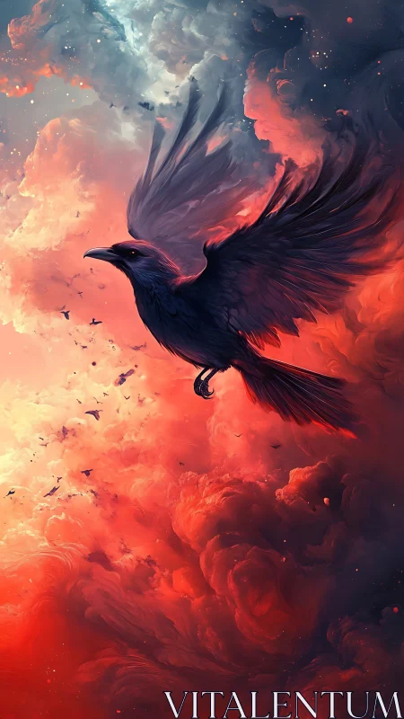 Majestic raven glides through fiery, dreamlit storm clouds