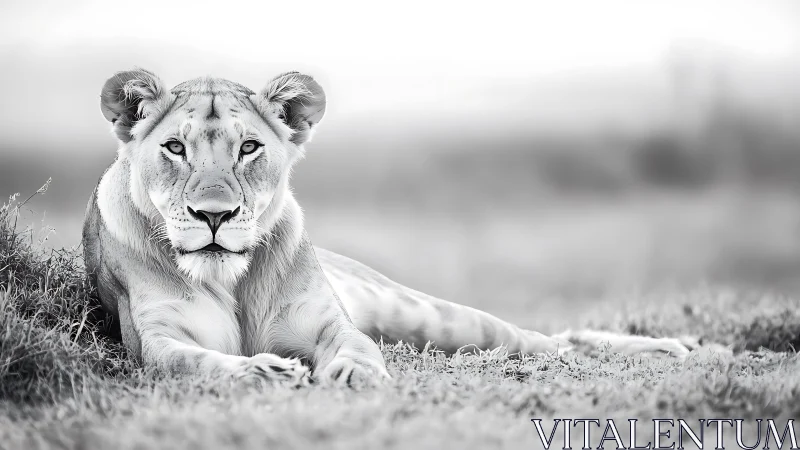 Calm lioness resting in soft monochrome savanna light.