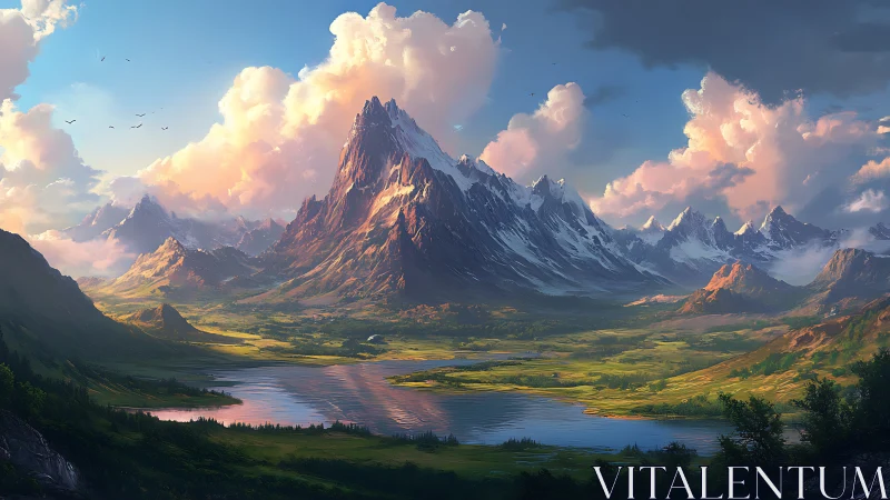 Majestic alpine range over reflective river valley at dusk.