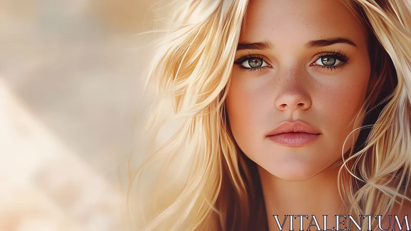 Sunlit blonde portrait captures serene, freckled beauty.