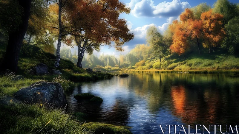 Autumn forest river glows under soft afternoon sunlight.