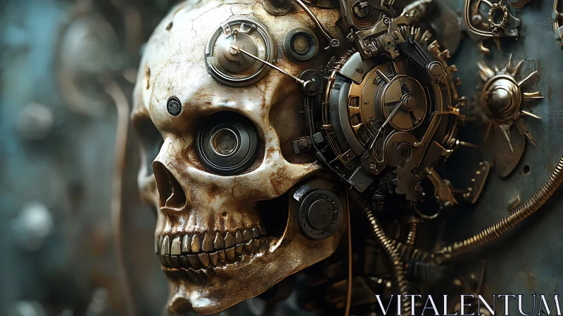 Cybernetic skull fused with complex mechanical components