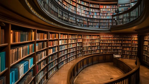 Curved two-level library interior lined with full bookshelves.