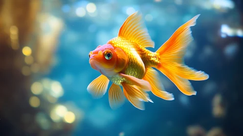 Daydreaming goldfish drifts through glittering blue hush.