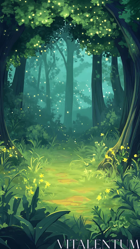 Enchanted forest with bioluminescent flora and lights.