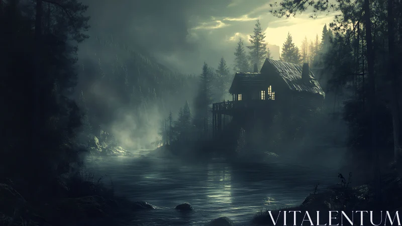 Cabin with lit windows stands above misty forest river at dusk