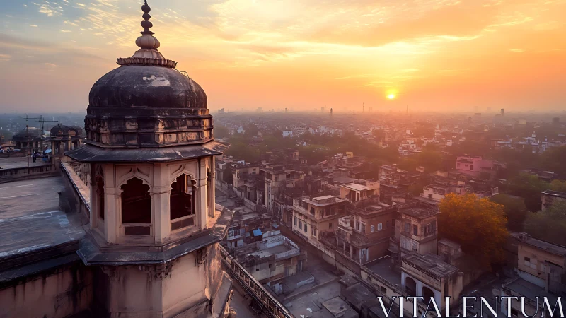 Golden sunrise bathes historic city rooftops in soft light