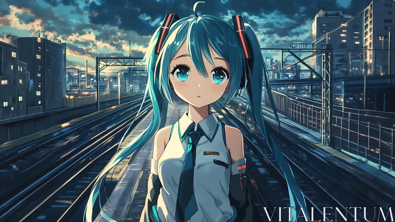 Blue haired anime girl stands on twilight city railway