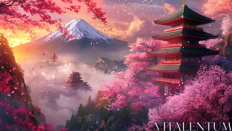 Cherry blossom pagoda landscape at sunrise in spring.
