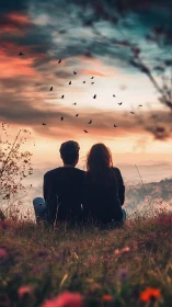 Two Souls Witness Sunset's Symphony with Dancing Birds