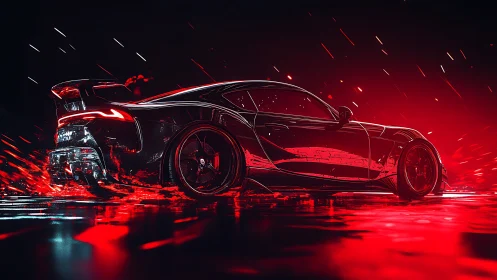 Midnight drift racer bathed in neon red motion glow.