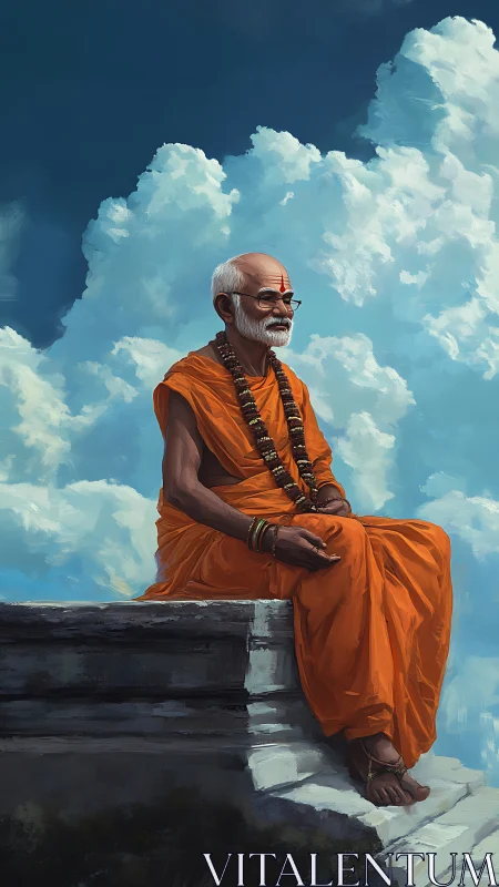 Elderly robed figure on stone ledge against clouded sky.