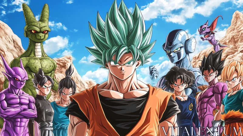 Group of stylized warriors in rocky desert environment.