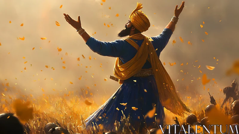 Turbaned figure in blue garments amid falling orange petals.
