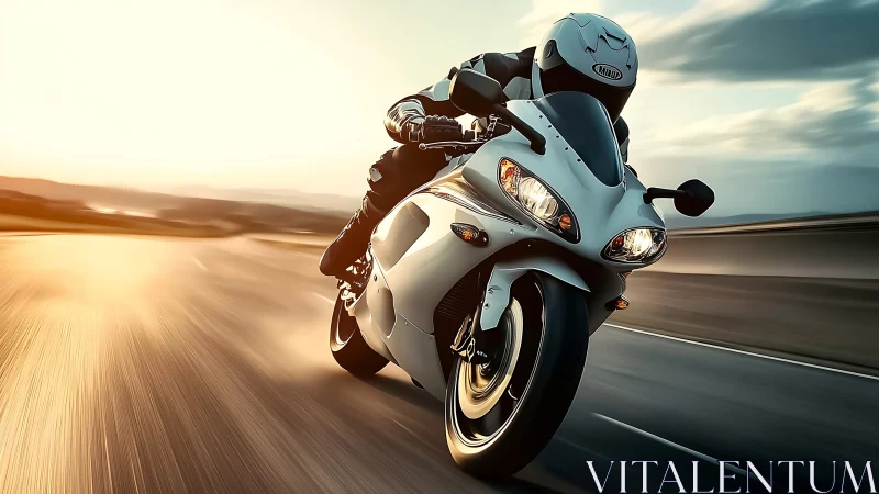 Sport motorcycle leans into high speed curve at sunset.