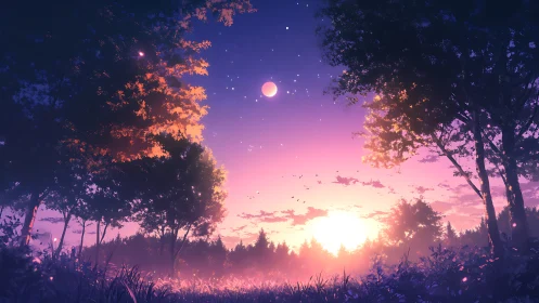 Digital forest landscape shows twilight sky with sun and moon