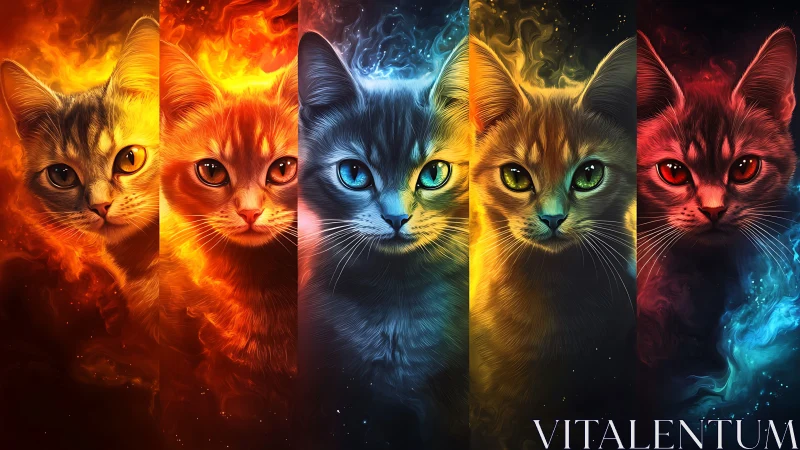 Five Cats with Elemental Energy Backgrounds.
