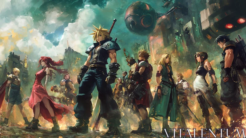 Multiple armed figures stand in ruined cityscape environment