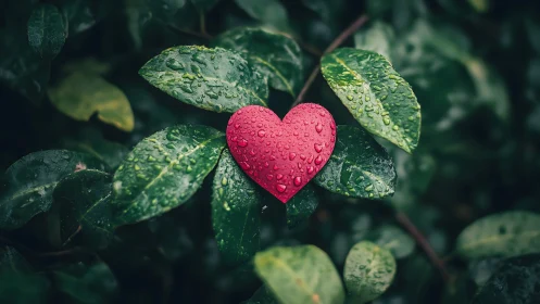 Red heart-shaped object rests among green leaves with water droplets.