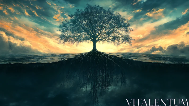 Lone mystical tree with mirrored roots at stormlit horizon.