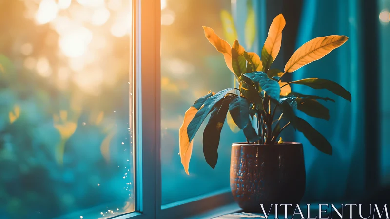 Potted indoor plant stands on window ledge in warm backlight