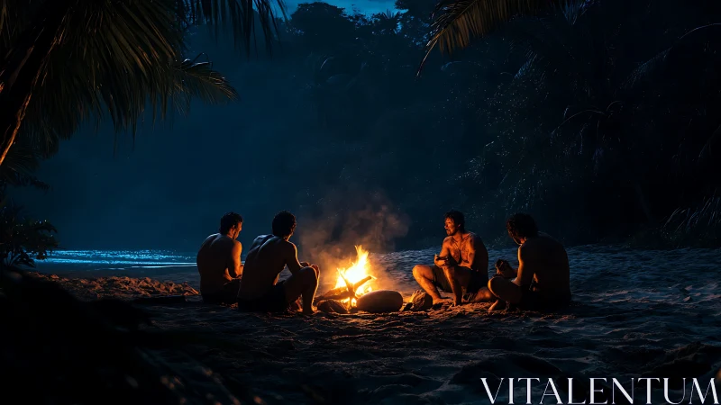 Beach Bonfire Gathering Under Starlit Sky.