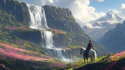 Lone rider overlooking tiered waterfalls in fantasy valley.