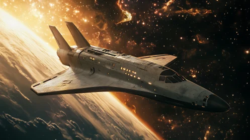 Orbital shuttle glides through golden nebula-lit exosphere.