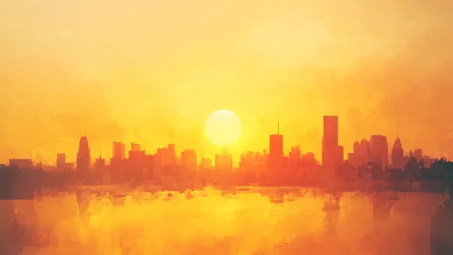 Urban skyline silhouetted in radiant golden sunset haze.