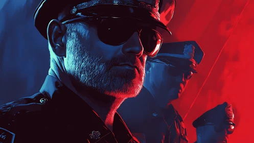 Stylized police officers stand in bold red and blue light