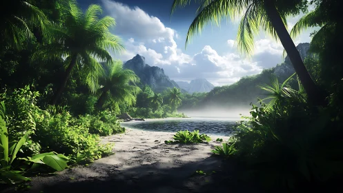Tropical lagoon valley with mountain vista and palm canopy.