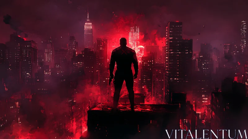 Silhouetted armed figure overlooking red lit urban skyline.