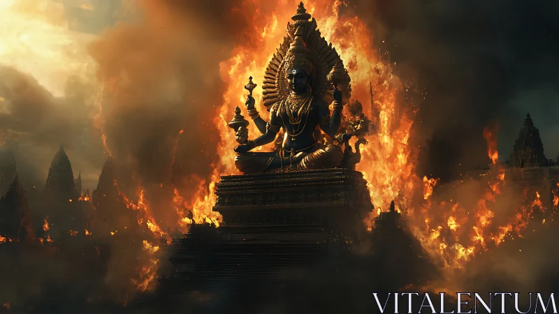 Divine temple statue surrounded by large scale raging fire.