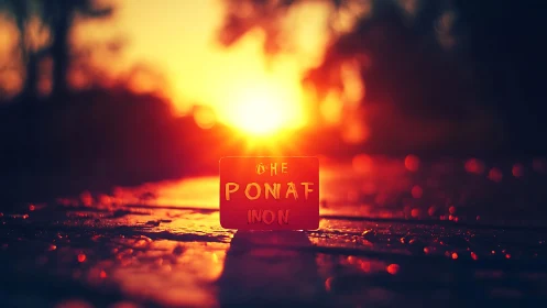 Sunset confessional card glowing on a drenched boardwalk.